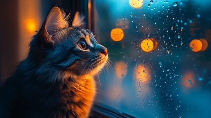 Cat gazing through window at night