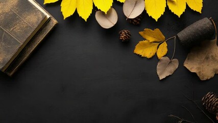 Autumn-themed flat lay with leaves, pinecones, and a vintage book on a dark background