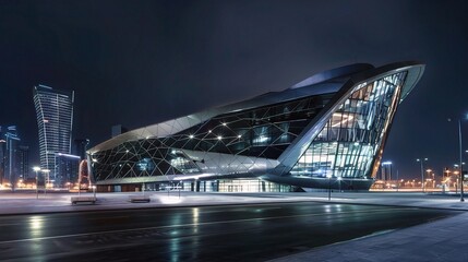 Modern business center at night illuminated by vibrant neon lights and glowing windows, showcasing sleek architectural designs and a bustling urban atmosphere. The tall skyscrapers stand out against t