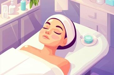 Vector illustration of facial massage treatment in clean spa,