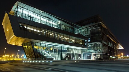 Modern business center at night illuminated by vibrant neon lights and glowing windows, showcasing sleek architectural designs and a bustling urban atmosphere. The tall skyscrapers stand out against t
