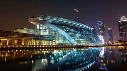 Modern business center at night illuminated by vibrant neon lights and glowing windows, showcasing sleek architectural designs and a bustling urban atmosphere. The tall skyscrapers stand out against t