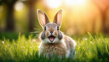 Cute Bunny Rabbit with Oversized Teeth Frolicking in Lush Green Meadow Under a Bright, Sunlit Sky Whimsical and Charming Portrayal of Natures Playful Side.
