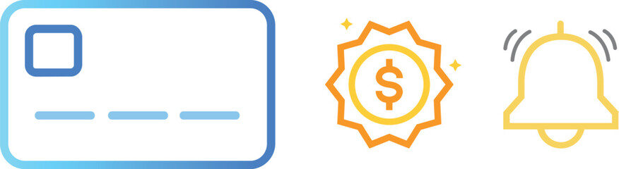 Payment Card, Dollar, Coin, and Notification Bell Icon. Financial Alert and Transaction Concept icon set