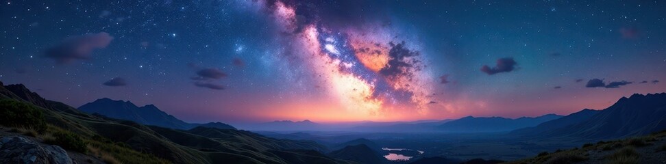 Dramatic Milky Way arch over serene landscape, beautiful, stellar