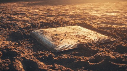 A baseball diamond's home plate with dirt and chalk, outdoor setting with afternoon sun, Vintage style
