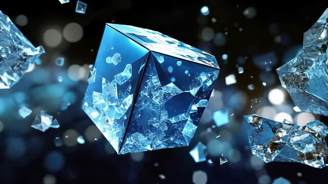 Shattered blue cube in mid-air
