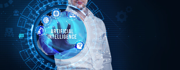 Artificial intelligence (AI), machine learning and modern computer technologies concepts.