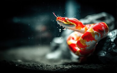 Striking red and white snake in dark setting