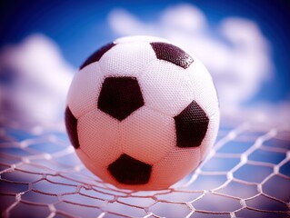 Soccer ball in net, vibrant sky