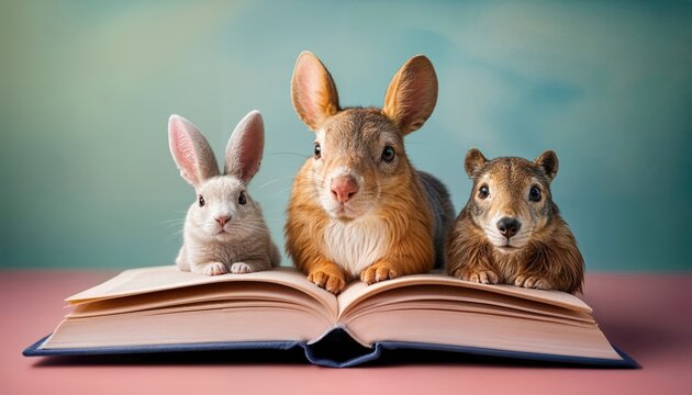 Pastel Cartoon Menagerie Adorable Animals Gathered Around an Open Book in a Whimsical Pastel Setting, Illustrating the Enchanting World of Childrens Literature and Education