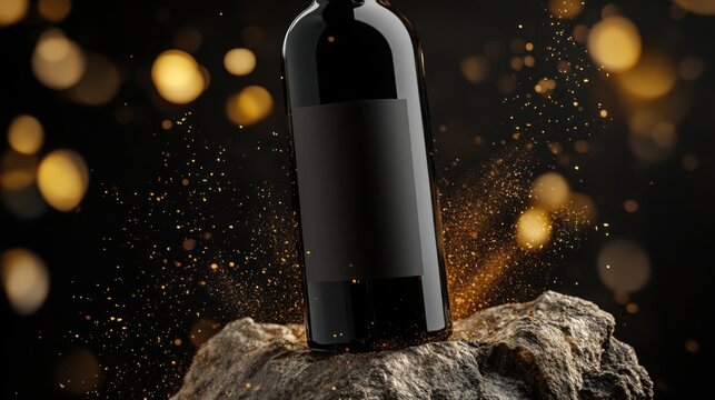 A luxurious wine bottle rests dramatically on stone amidst a golden shimmer of celebration Black label with - Powered by Adobe