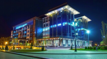 Modern business center at night illuminated by vibrant neon lights and glowing windows, showcasing sleek architectural designs and a bustling urban atmosphere. The tall skyscrapers stand out against t
