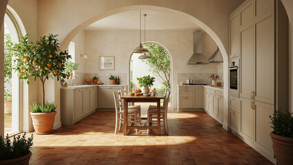 This image shows a beautifully designed kitchen with a distinct Italian or Mediterranean style. It features warm, earthy tones, terracotta floor tiles, and elegant arched doorways that open to what ap