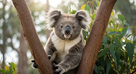 Obraz premium Close-Up of a Playful Koala Sitting on a Tree Branch Surrounded by Lush Greenery in Its Natural Habitat during the Daylight Hours