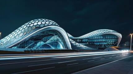 Modern business center at night illuminated by vibrant neon lights and glowing windows, showcasing sleek architectural designs and a bustling urban atmosphere. The tall skyscrapers stand out against t