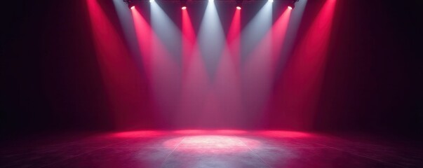 Several spotlights converge on a vacant stage, creating a powerful visual , show, concert, performance