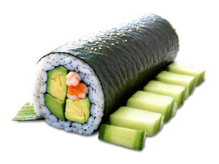 California Roll Sushi A neatly rolled California roll with creamy avocado, imitation crab, and fresh cucumber, each piece garnished