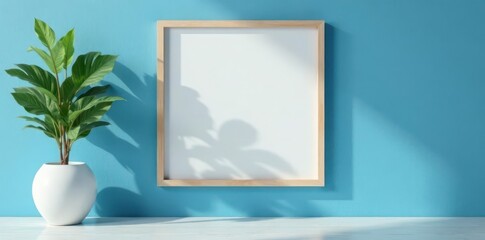 Empty frame mockup, blue wall, minimalist decor, photography, interior design, aesthetic