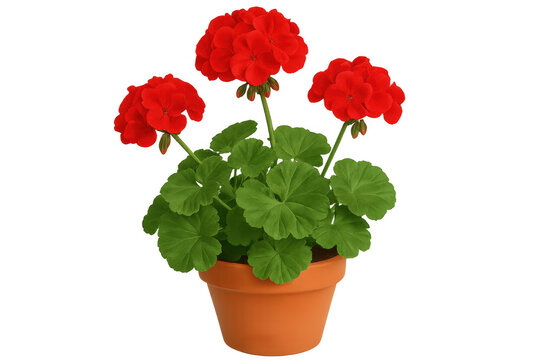 Vibrant red geranium blooming in terracotta pot, set against transparent background for seamless graphic design integration