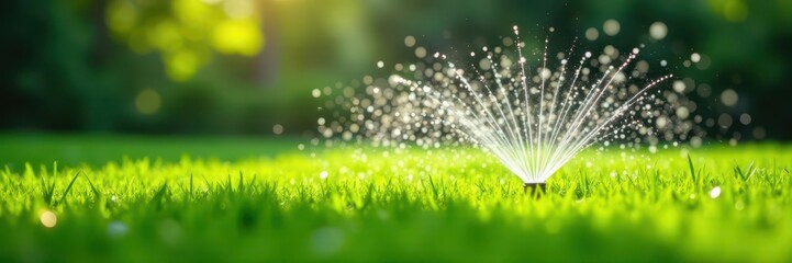 Automatic sprinkler system waters lush green lawn ,  home,  spray