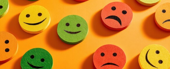 The colorful array of smiley and sad faces on a vibrant background.