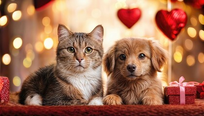 Adorable Cats and Dogs Celebrating Valentines Day with Heart Decorations and Gifts in a Festive Scene, Embracing Joyful Mood and Vibrant Colors.