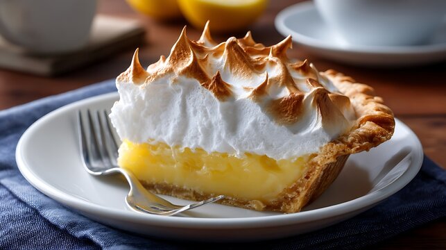 Slice of Lemon Meringue Pie on a Plate with Fork