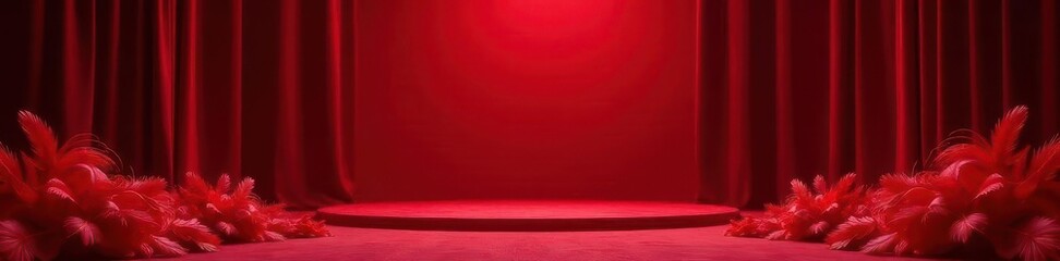 Crimson velvet drapes frame a plush red stage, adorned with opulent red feathers , background, opulent, luxury