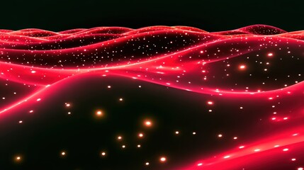 Abstract red wavy surface with glowing particles