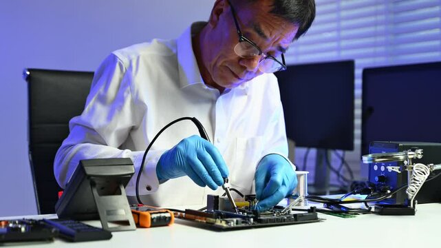 Senior engineer working on computer hardware diagnostics at modern workstation. Ideal for electronics repair, tech support,