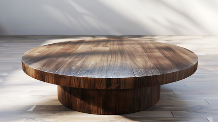 Fototapeta premium A round wooden coffee table with a rustic design sits on a wooden floor with natural light and shadows creating a simple and elegant interior scene