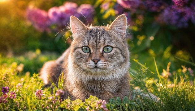 Cute Siamese Cat Lounging in Vibrant Garden Bloom, Radiant Fur Glowing Under Soft Sunlight with Breathtaking Backdrop of Blossoming Flowers and Mixed Greenery, Invoking a Sense of Peaceful - Powered by Adobe