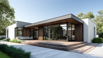 Modern single family house featuring a large wooden patio, sustainable design, and surrounded by a lush garden, creating a peaceful and eco friendly living space