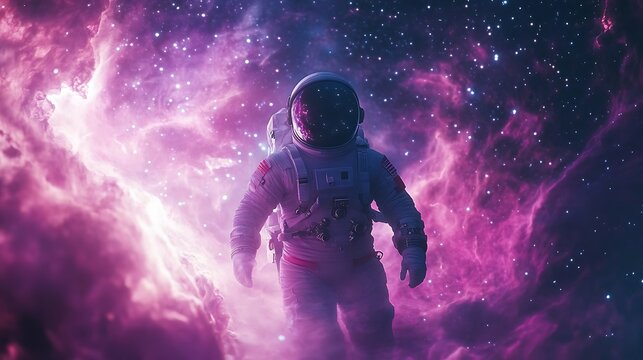 Astronaut's Deep Space Odyssey: A Journey Through Nebulae of Pink and Purple