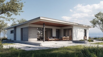 Sunlit wooden terrace surrounding contemporary single story home, featuring minimalist design with lush garden and bright outdoor living area