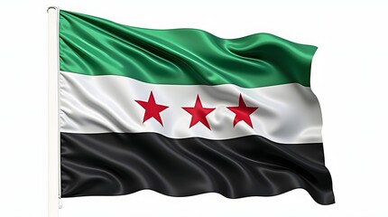 Naklejka premium Photorealistic flag of Syria since 2011 with green, white, and black stripes, and three red stars. Isolated on white background, with realistic fabric texture and sharp detail.