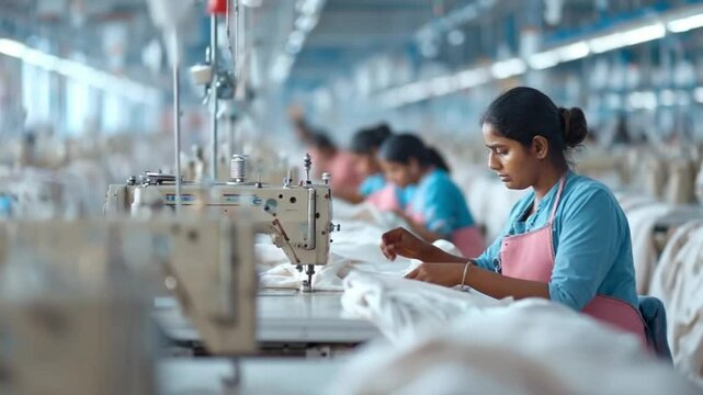 Garment Factory Worker: Focused female worker operating a sewing machine in a busy garment factory. The image highlights the dedication and skill involved in garment manufacturing.