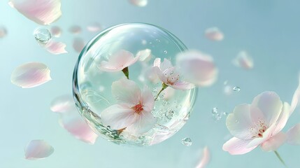 Transparent water bubble encapsulating pink cherry blossom petals, delicate droplets suspended, creating ethereal botanical landscape with soft, dreamlike visual composition