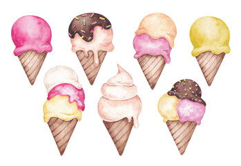 Clip art of ice cream hand drawn by watercolor. Isolated on white background. Bright summer design elements