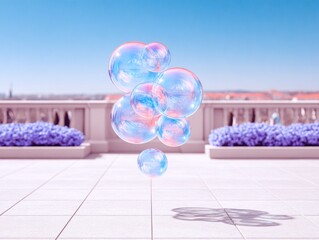 Floating pastel bubbles on a terrace