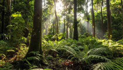 Fototapeta premium Lush tropical forest with sunlight filtering through trees, creating serene atmosphere