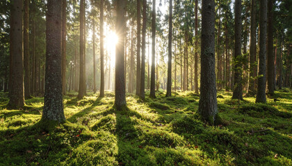Fototapeta premium Dense woodland in early morning with radiant sunrays illuminating forest floor