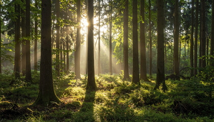 Dense woodland in early morning with radiant sunrays illuminating forest floor