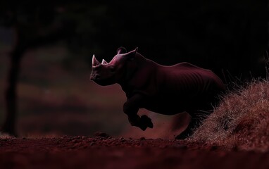 Rhinoceros running in twilight