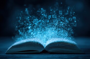 Open book with glowing letters and light