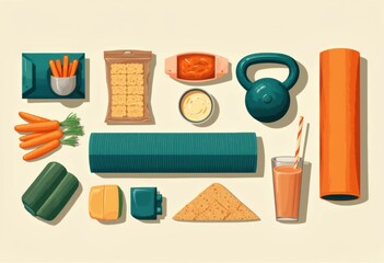 Fitness gear and healthy snacks arranged on a light background