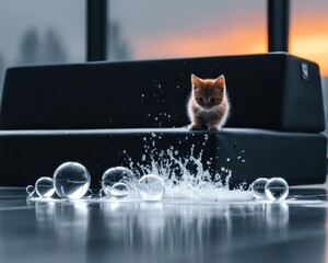 Kitten playing with bubbles on a couch