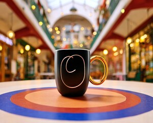 Black mug on a table in a marketplace