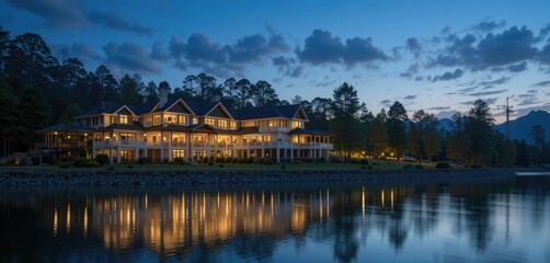 Fototapeta premium At nightfall, a contemporary resort house with bright lights reflects on a serene lake.
